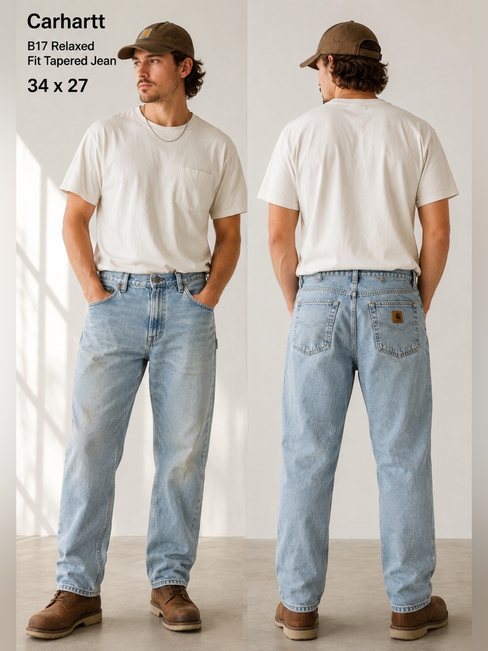 Carhartt B17 Relaxed Fit Tapered Jeans Mens 34x27 Light Wash Workwear Denim
